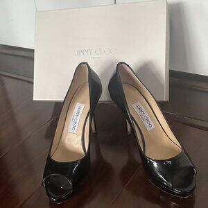 Jimmy Choo Black Patent Leather Peep Toe Pumps